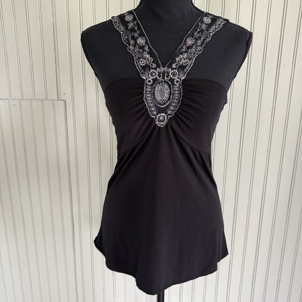 VTG Y2K Babydoll Tank Top Women Large Black Halter Embroidered Lace Beaded